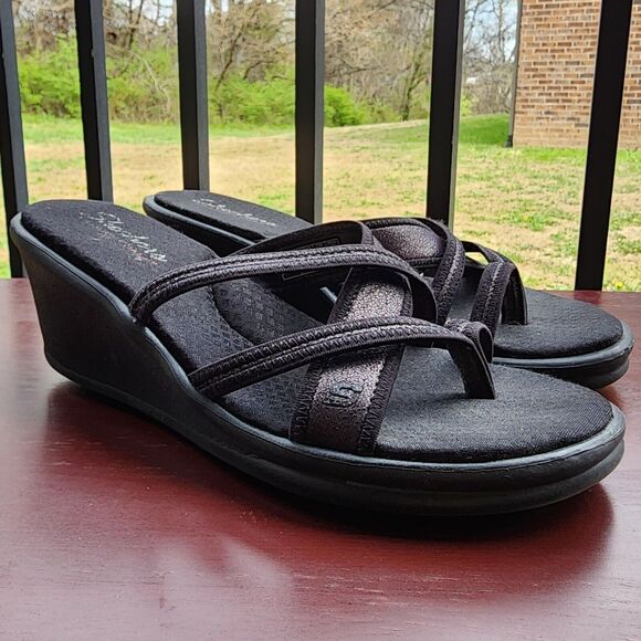 Skechers Rumblers Sandal Women 10 Black Happy Dayz Wedge Memory Foam Strapy - Picture 1 of 8